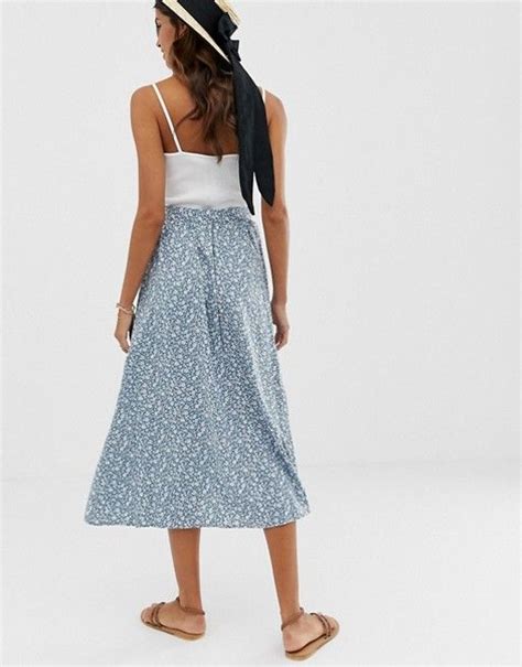 Asos Design Button Front Midi Skirt With Pockets In Blue Floral Print