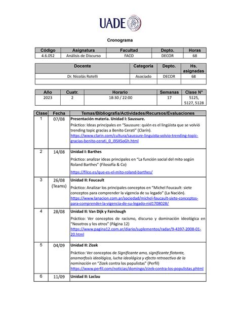 Análisis de Discurso Cronograma 2023 Cronograma Código Asignatura