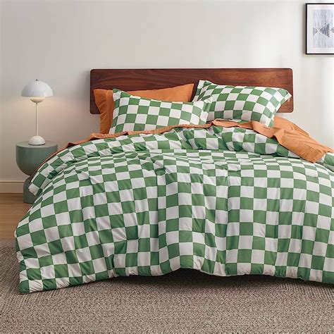 Houseri Green And White Comforter Set Queen Plaid Sage Green Buffalo Checkered Bedding