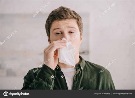 Man Having Allergy Sneezing Tissue Looking Camera Stock Photo by ...