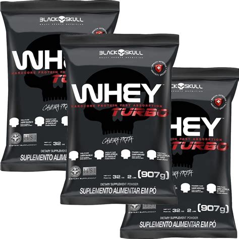 Kit 3X Whey Turbo 907g Refil Baunilha Black Skull OtimaNutri