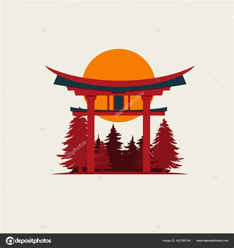 Japanese Torii Gate Trees Silhouette Sun Symbol Japan Shintoism ...