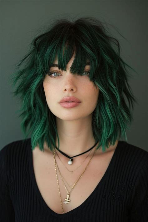 Emerald Green Shaggy Lob With Bangs In 2024 Edgy Hair Edgy Hair Color Short Hair Styles