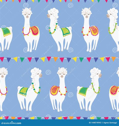 Colorful Cute Llama Party Under Bunting Seamless Vector Pattern For