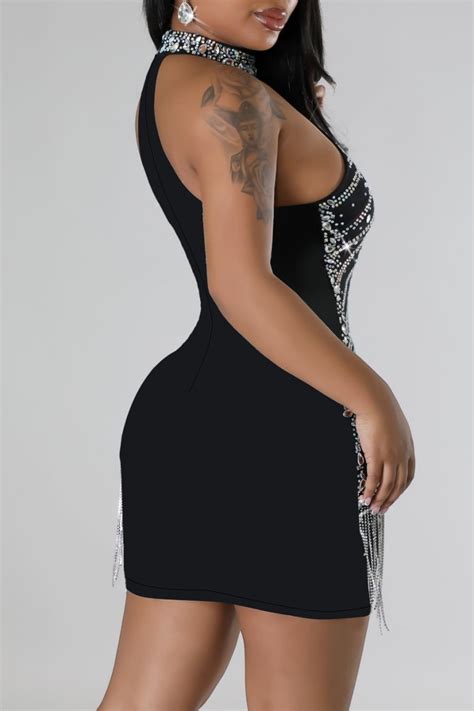 Wholesale Black Sexy Patchwork Hot Drilling Tassel See Through Sleeveless Dress Dresses K89002 1