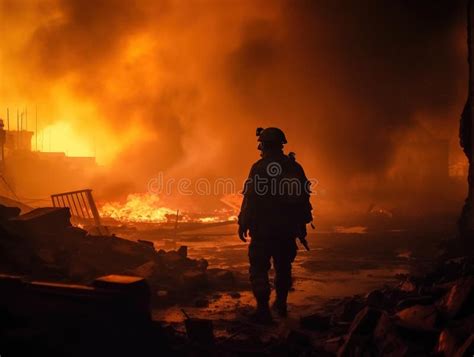 A Silhouette Of Modern Universal Soldier On The Battlefield Stock