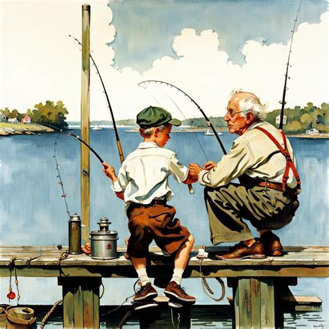 Norman Rockwell Old Man And Boy Fishing From A Pier Ai Generated