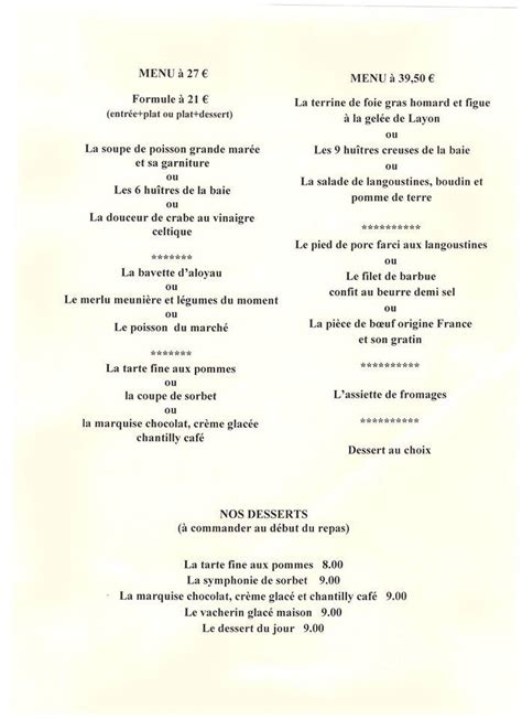 Menu At Restaurant Le Verger De La Mer Quiberon 1 Bd Louison Bobet