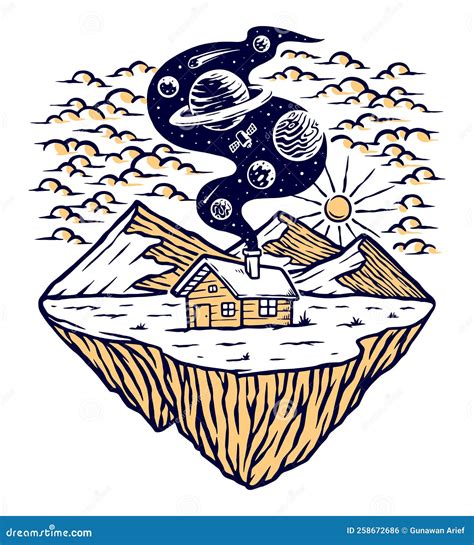 Mountain and House Views Vector Illustration Stock Vector