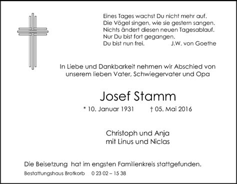 Traueranzeigen Von Josef Stamm Trauer In NRW De