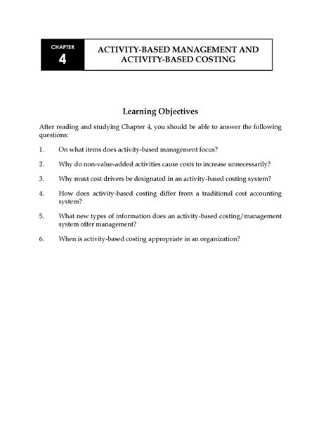 Ch04 Activity Based Management And Activity Based Costing Learning Objectives After Reading And