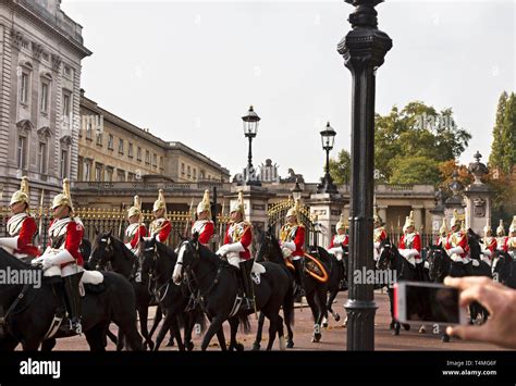 the guards of the Buckingham Palace during the traditional Changing of ...