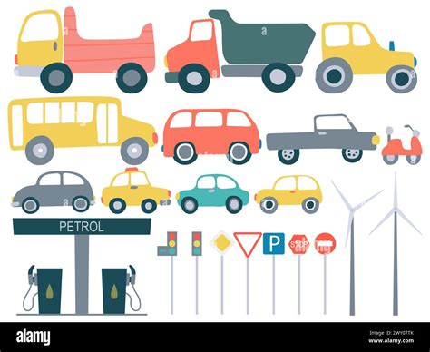 Set Of Cute Vehicles And Road Signs Stock Vector Image And Art Alamy