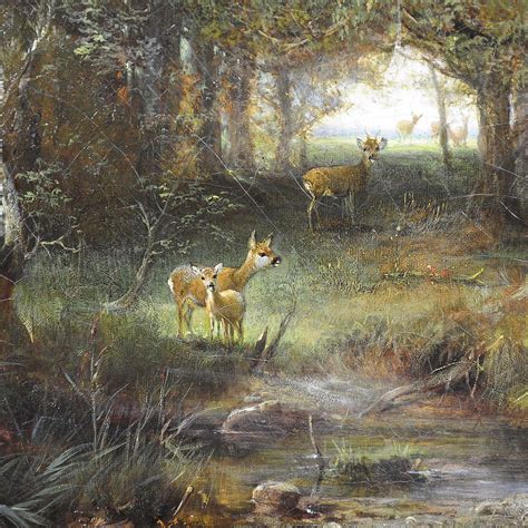 antique oil painting - Deer Family in the Forest