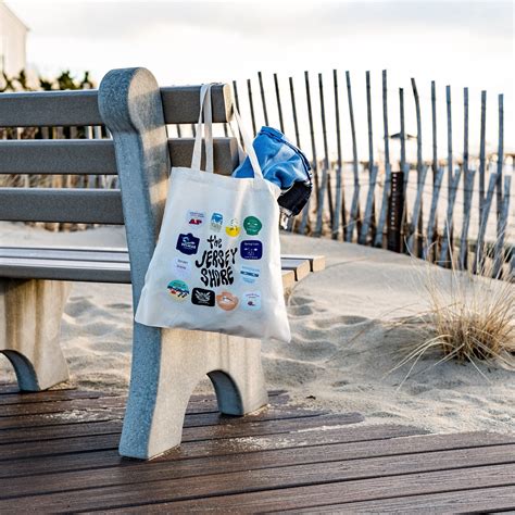 Jersey Shore Tote Bag, Beach Badge Collage Mix, 100% Cotton Canvas, Natural Tote Bag, Full-color