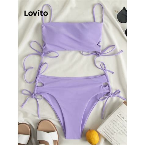 Lovito Sexy Plain Lace Up Drawstring Bikini Tops For Women LNL Light Purple Black Lovito