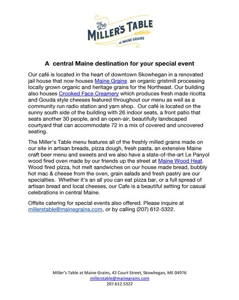 Special Event Pricing — The Miller's Table