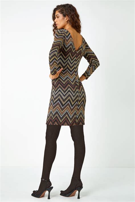 Bronze Glitter Zig Zag Print Stretch Dress Roman Uk