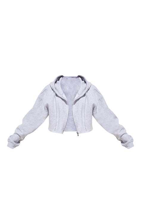 Grey Crop Zip Up Oversized Hoodie Tops Prettylittlething Ie