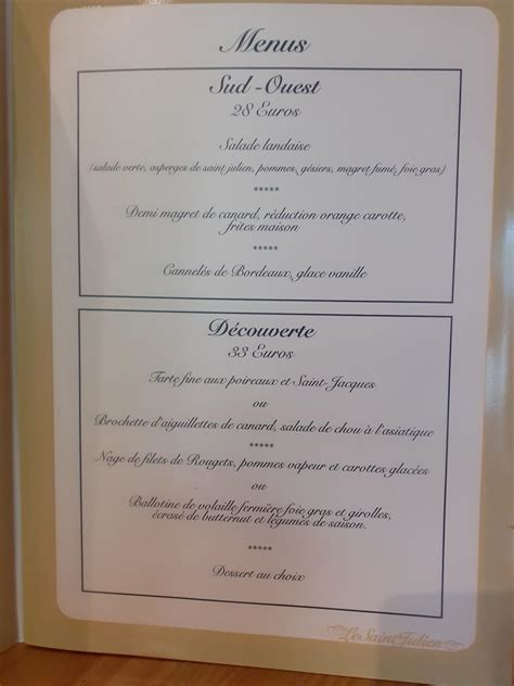 Menu Au Le Saint Julien Restaurant Saint Julien En Born