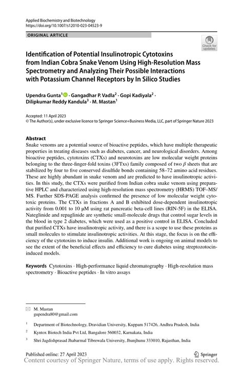 Identification of Potential Insulinotropic Cytotoxins from Indian Cobra ...