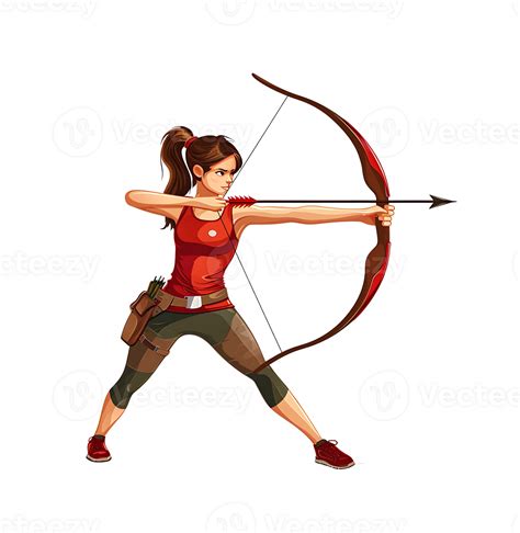 Focused Female Archer In Action Pose With Bow And Arrow On Transparent