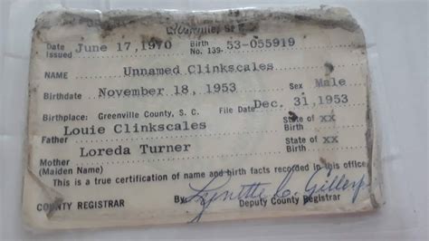 South Carolina Birth Certificate Card