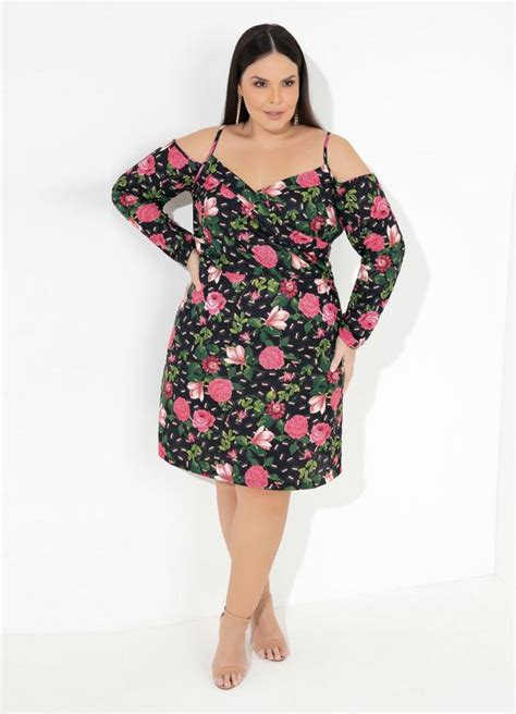 Vestido Floral Preto Com Mangas Longas Plus Size Marguerite