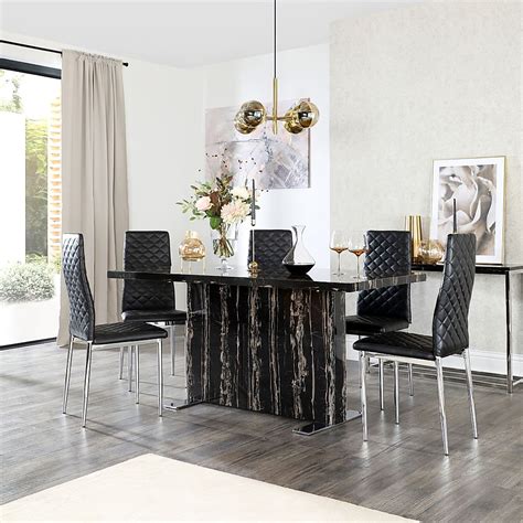 Magnus Black Marble Dining Table With 6 Renzo Black Leather Chairs Furniture And Choice