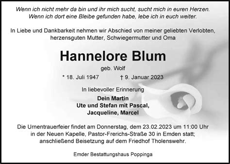 Traueranzeigen Von Hannelore Blum Nordwest Trauer De