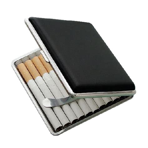 Metal Frame Black Faux Leather Cigarette Storage Case Box Container For Lighter Holds 84mm