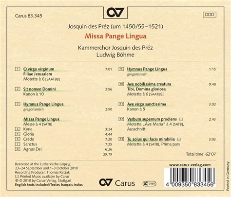 Ludwig B Hme Josquin Despr Z Missa Pange Lingua New Cd