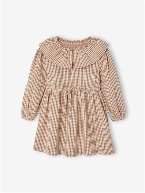 Robe Carreaux Vichy Avec Collerette Fille Carreaux Marron Vertbaudet