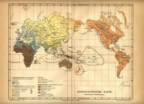 1889 ANTICA MAPPA ETNOGRAFICA DEL MONDO Etnie Popolazioni Old MAP