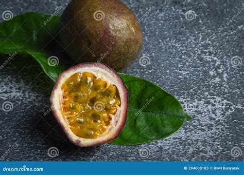 Fresh Passion Fruit Cut In Half Juicy Yellow Flesh Stock Image Image