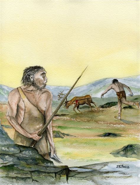 A Pair Of Neanderthals Hunting Reindeer By Jean Alain Brille