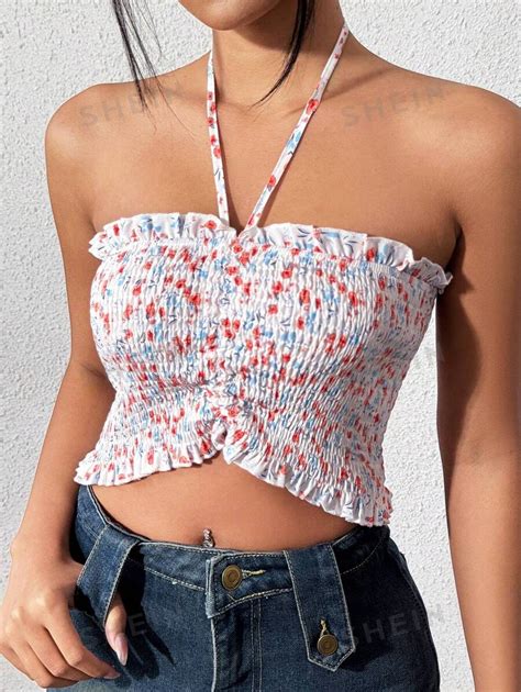 Shein Qutie Womens Floral Print Halter Crop Top With Wrap Front Slim