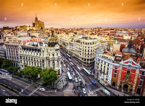 Madrid, Spain cityscape above Gran Via shopping street Stock Photo - Alamy