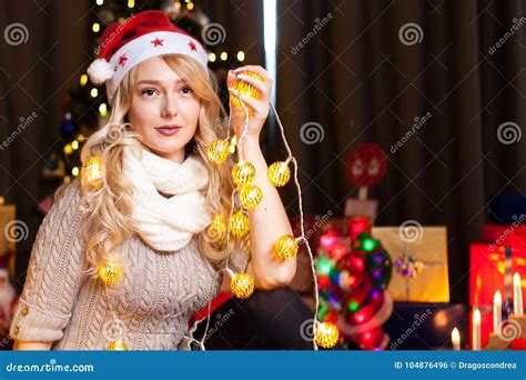 Beautiful Blonde Woman In Christmas Decorated Interior Stock Photo Image Of Hair Beauty