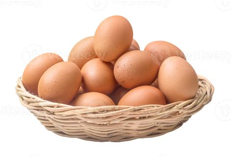 Fresh Chicken Eggs In Woven Bamboo Basket Isolated With Clipping Path