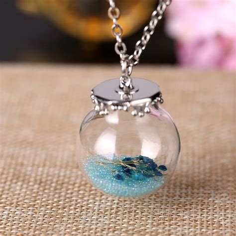 Mini Glass Bottle Necklace With Dried Flower Sky Blue Bead Pedant Vial Necklace For Women