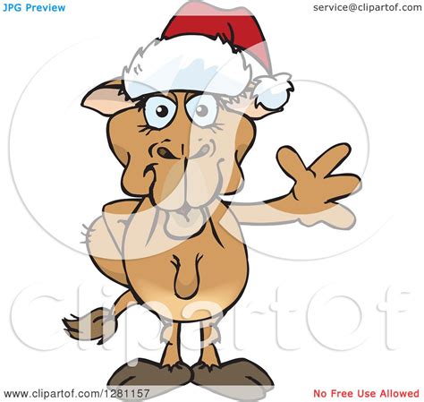 Clipart Of A Friendly Waving Camel Wearing A Christmas Santa Hat