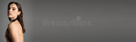 Shirtless Brunette Woman Covering Bust While Stock Photo Image Of Gray Makeup