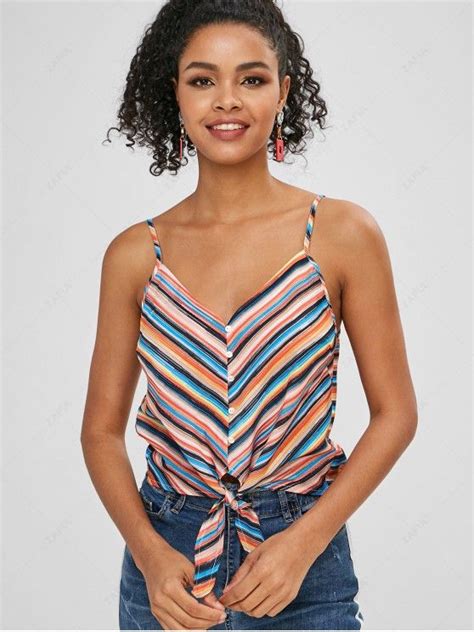 [37 Off] 2021 Striped Button Up Crop Camisole In Multi A Zaful