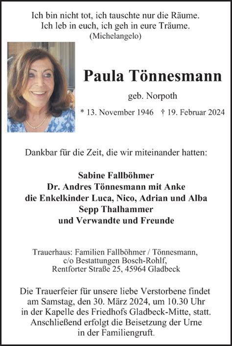 Traueranzeigen von Paula Tönnesmann Trauer in NRW de