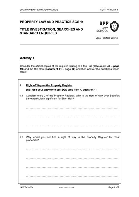 Property SGS 1 Activity 1 2223 LPC PROPERTY LAW AND PRACTICE SGS 1