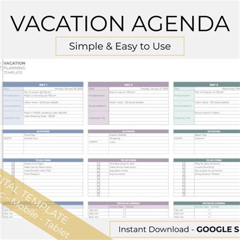 Simple Vacation Planning Spreadsheet Digital Travel Planner Etsy