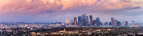 Panoramic View Of Downtown Los Angeles Skyline At Sunset Colorful