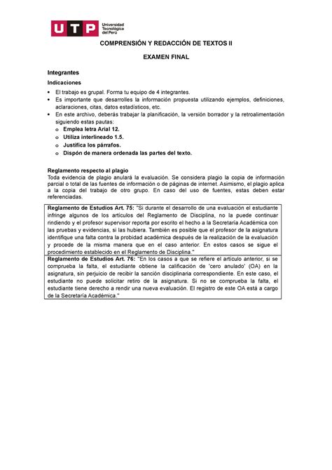 Examen Final Comprensión Y Redacción De Textos Ii ComprensiÓn Y