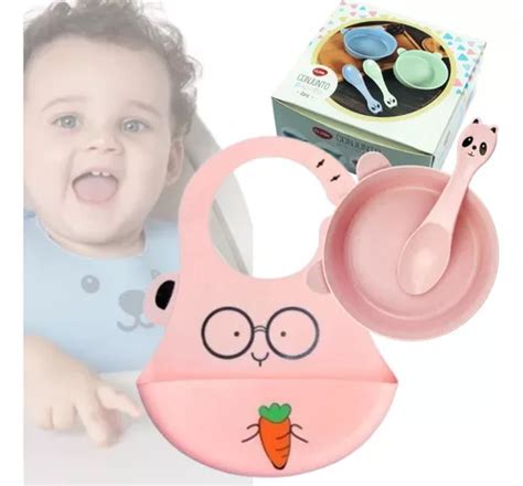 Kit Papinha Tigela Bpa Colher Babador Infantil Bebê Crianças